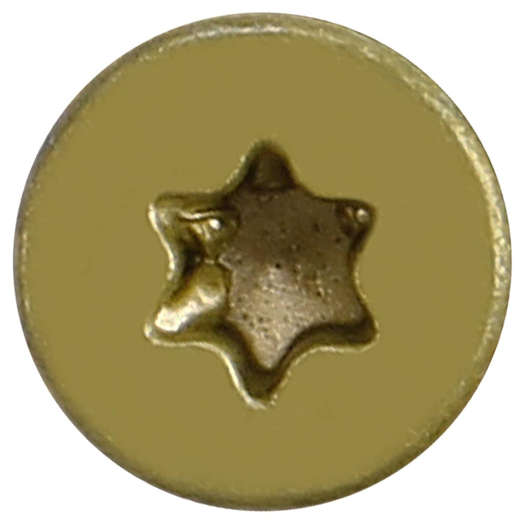 Close-up of star drive recess on brass-colored reamer tek screw head