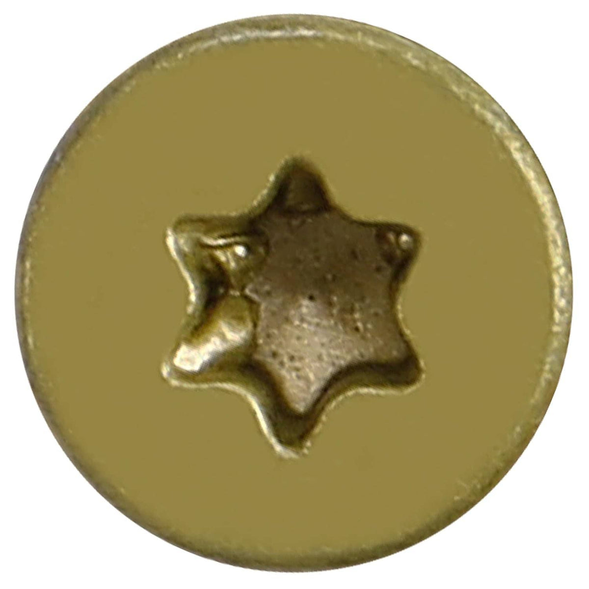 Close-up of star drive recess on brass-colored reamer tek screw head