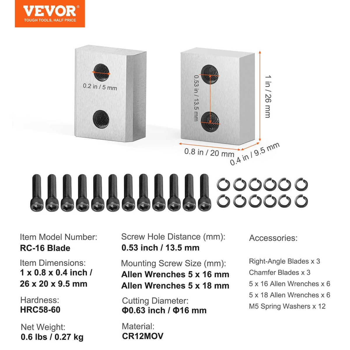 Jaw blade blocks with screws and washers, rectangular steel pieces with holes