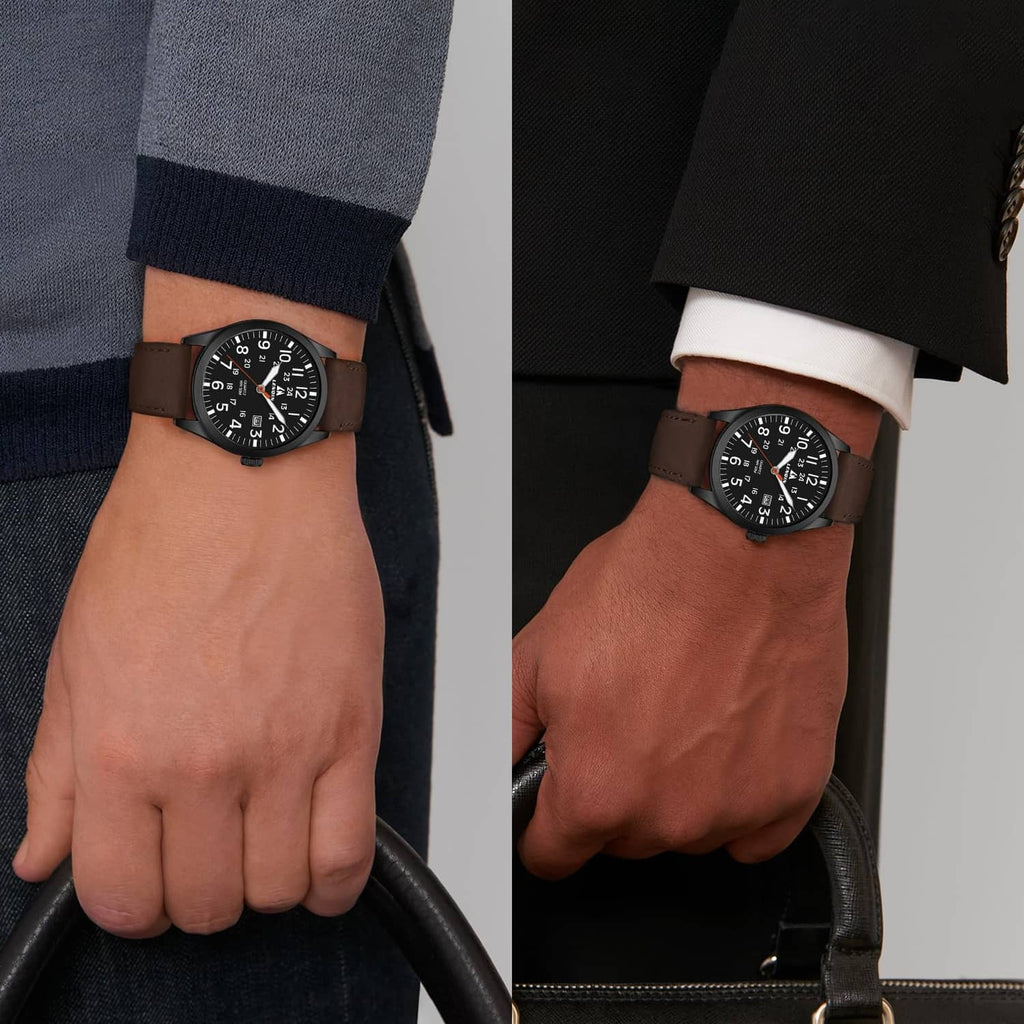 Men's wristwatch on model's arm with brown leather strap
