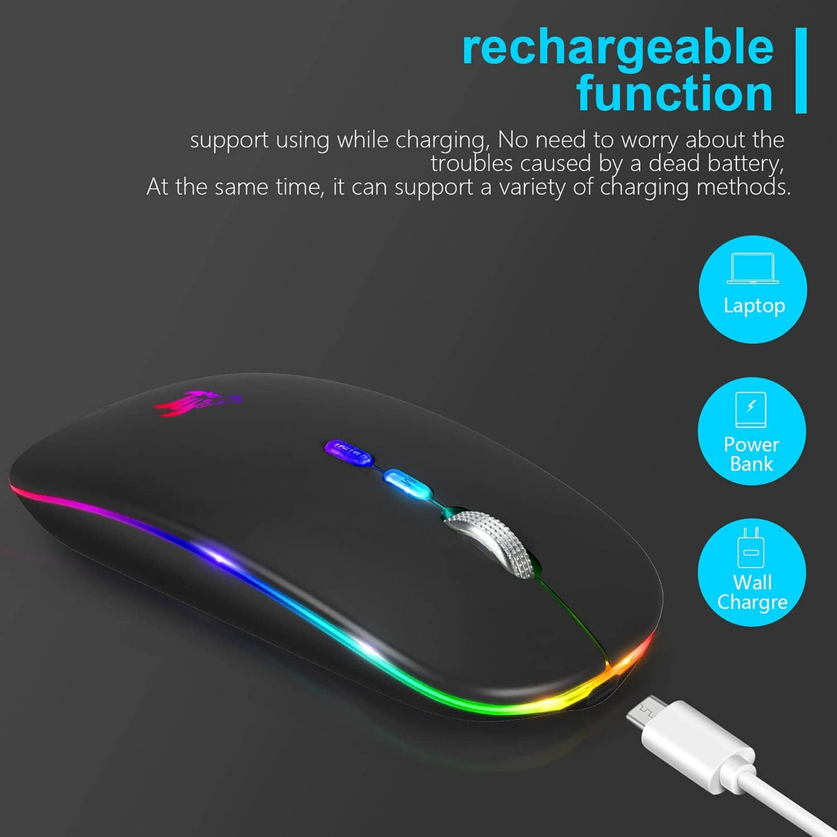 Black rechargeable wireless mouse with RGB lighting connected to a USB charging cable