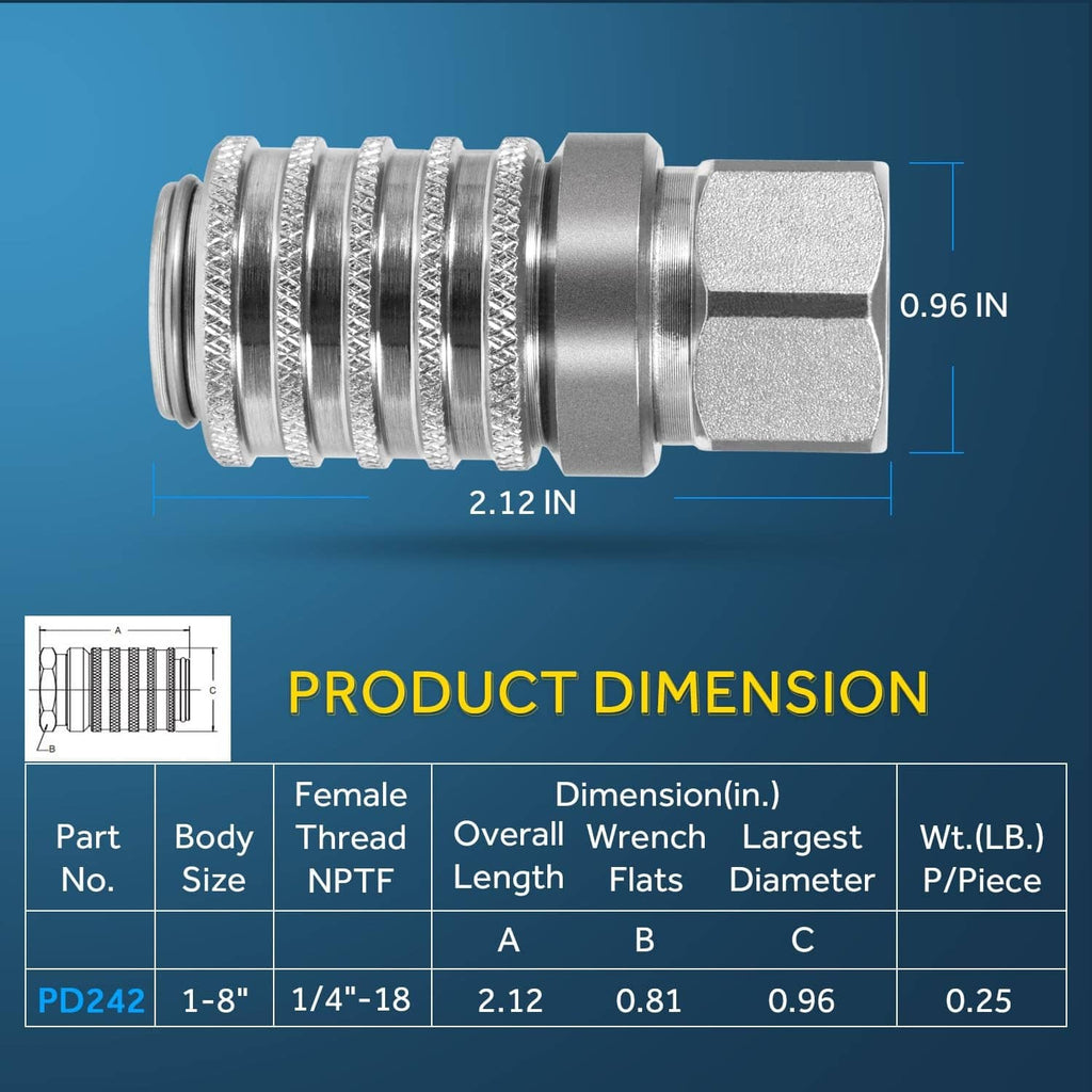 Silver test port quick coupler with dimension diagram and NPT thread measurement details
