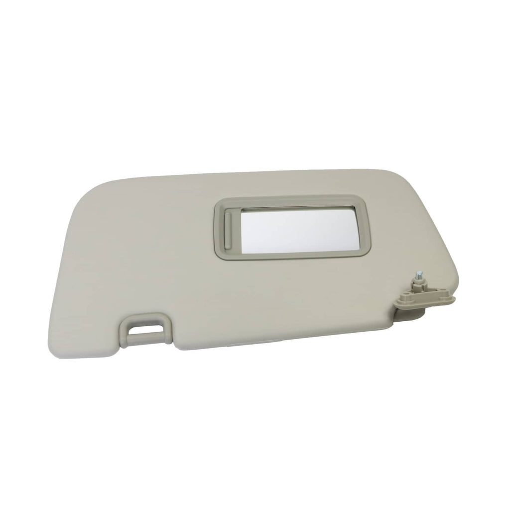 Light gray sun visor with rectangular mirror opening and side mounting