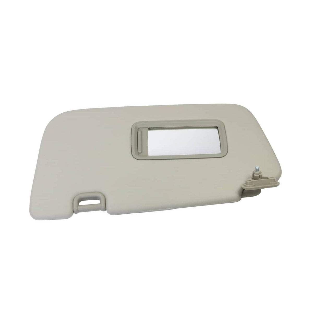 Light gray sun visor with rectangular mirror opening and side mounting