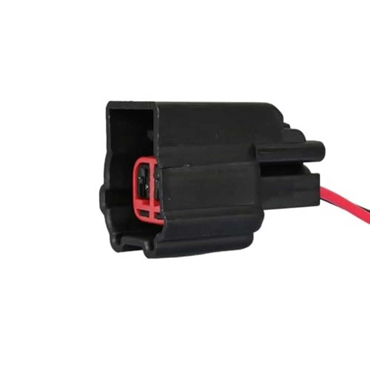 Electronic throttle body connector with red inner latch and black case, side profile