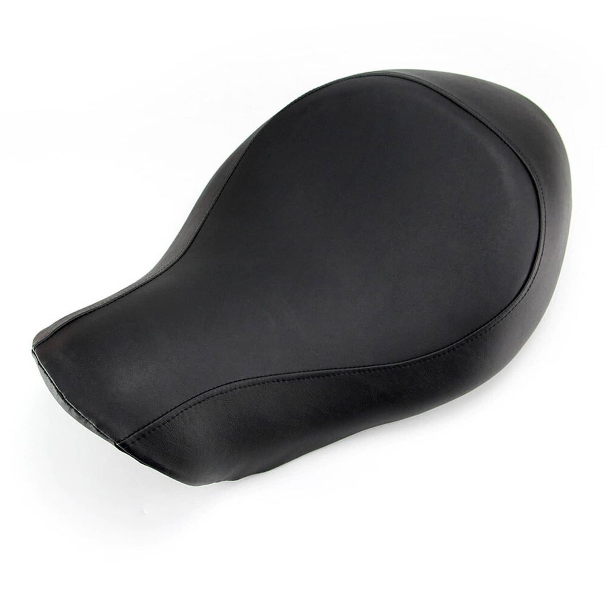 Black solo motorcycle seat with smooth padded shape and double-row stitching
