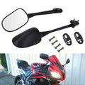 Motorcycle side mirror set with black arms, clear oval glass, mounting bolts and plates
