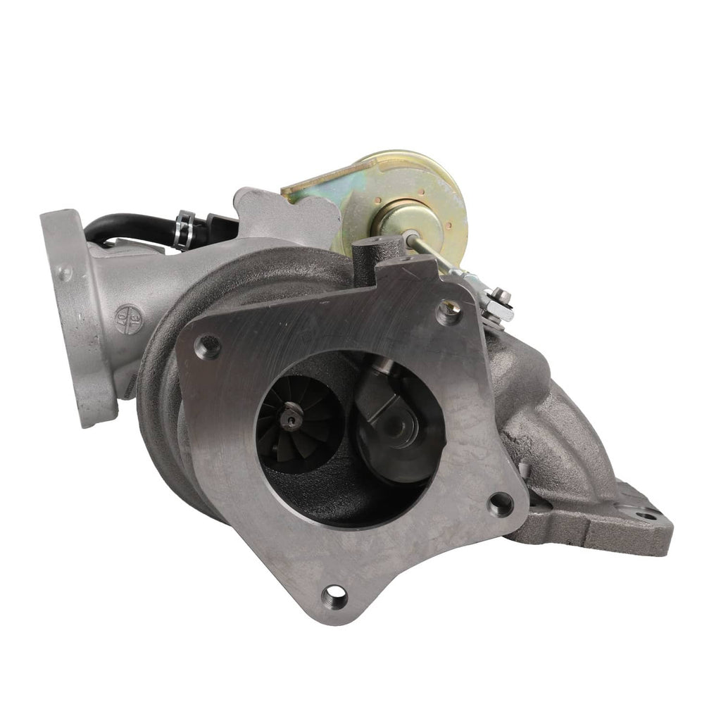 Turbocharger with silver intake flange and cast compressor housing, actuator attached