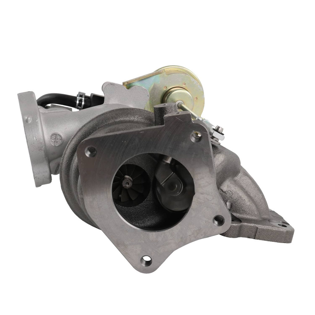 Turbocharger with silver intake flange and cast compressor housing, actuator attached