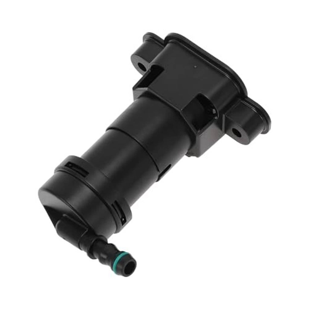 Headlight washer nozzle, black housing with green inlet tube and side mounting tabs