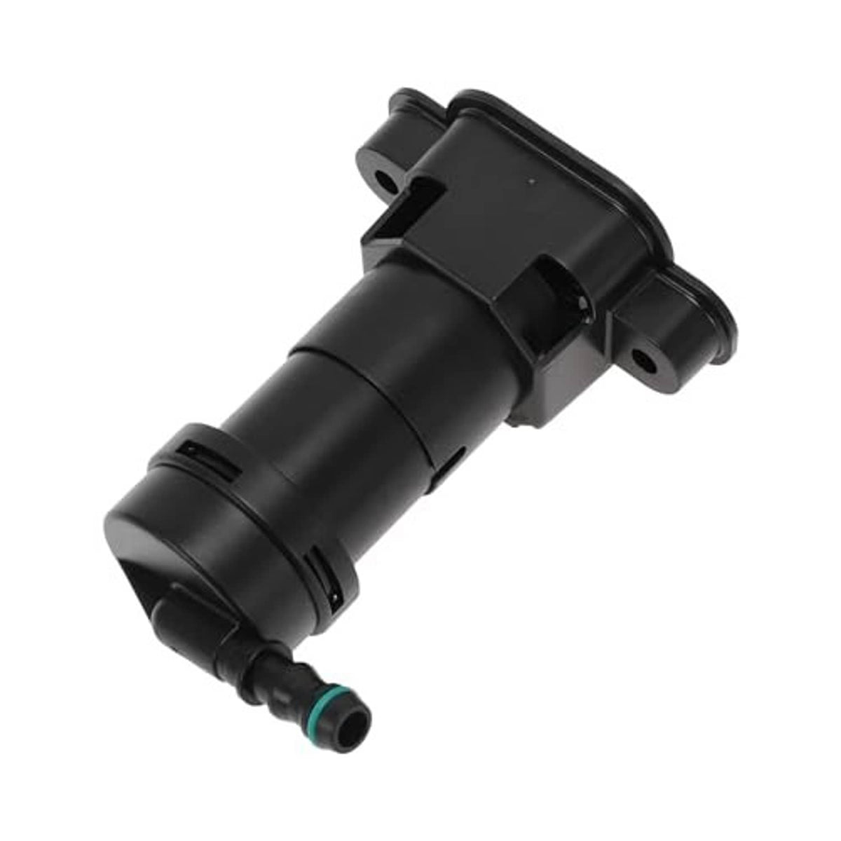 Headlight washer nozzle, black housing with green inlet tube and side mounting tabs