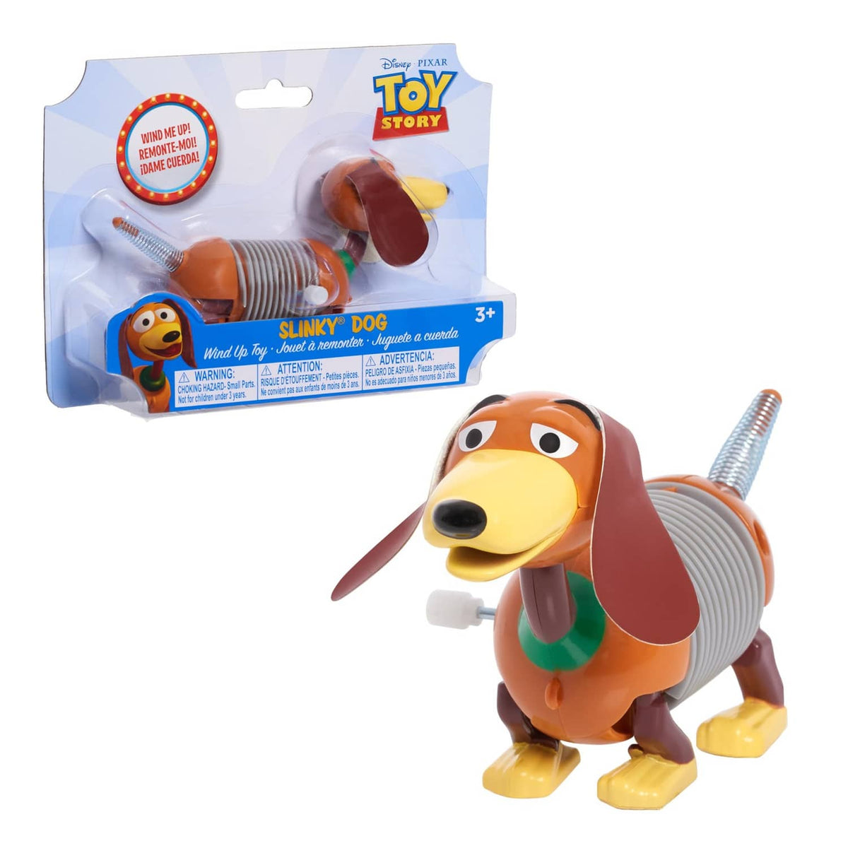 Slinky Dog wind-up toy with coiled spring, orange dog figure in Toy Story package