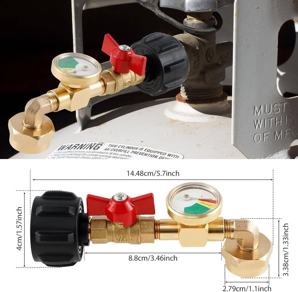 Brass propane refill adapter with gauge and red on/off valve connected to cylinder valve