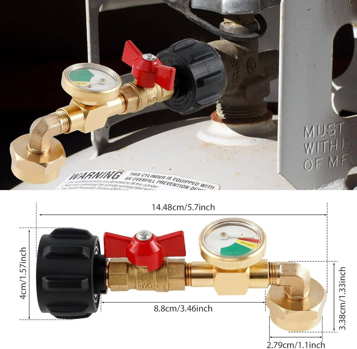 Brass propane refill adapter with gauge and red on/off valve connected to cylinder valve