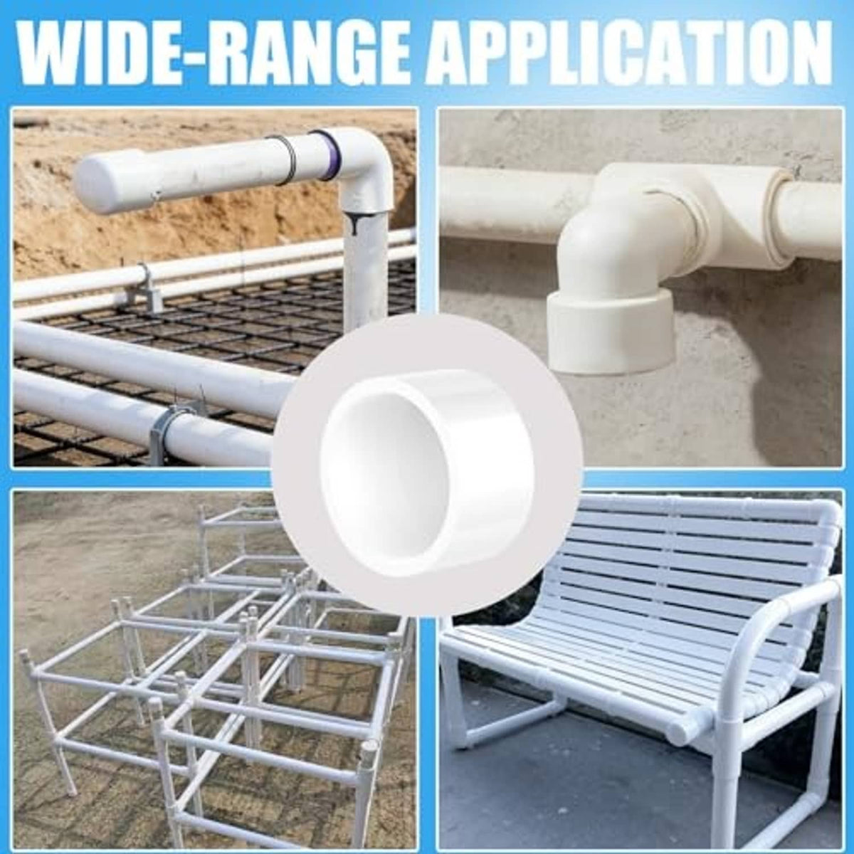 White PVC pipe end cap shown with plumbing installation photos