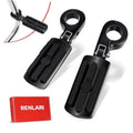 Black steel P-clamp motorcycle foot pegs with ribbed rubber grip pads