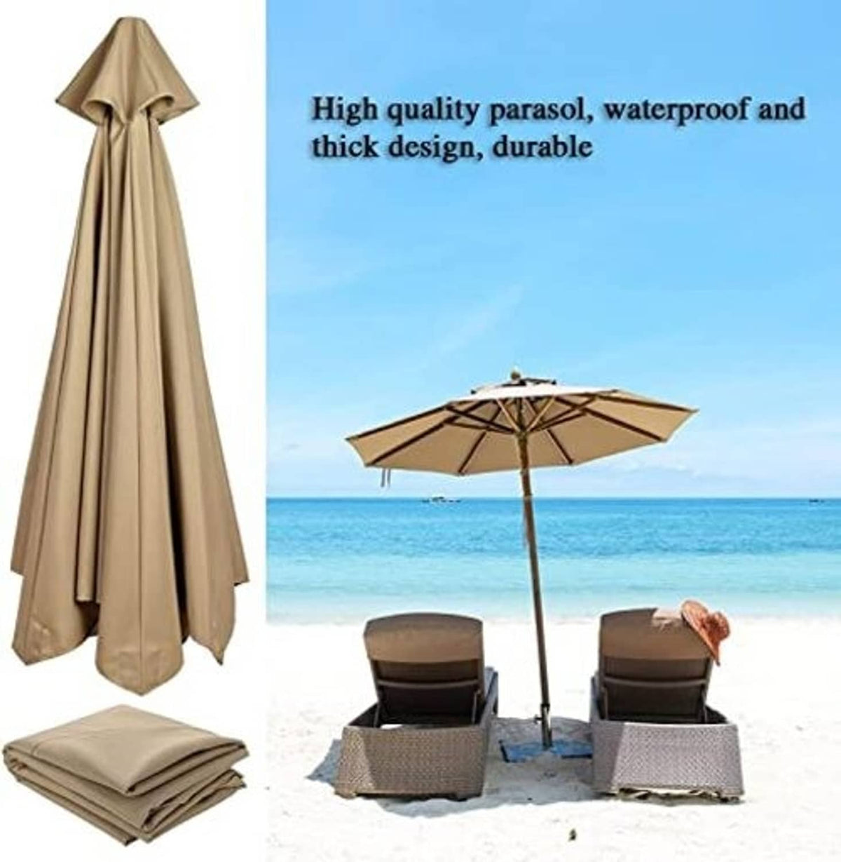 Tan umbrella canopy replacement shown with folded fabric stack