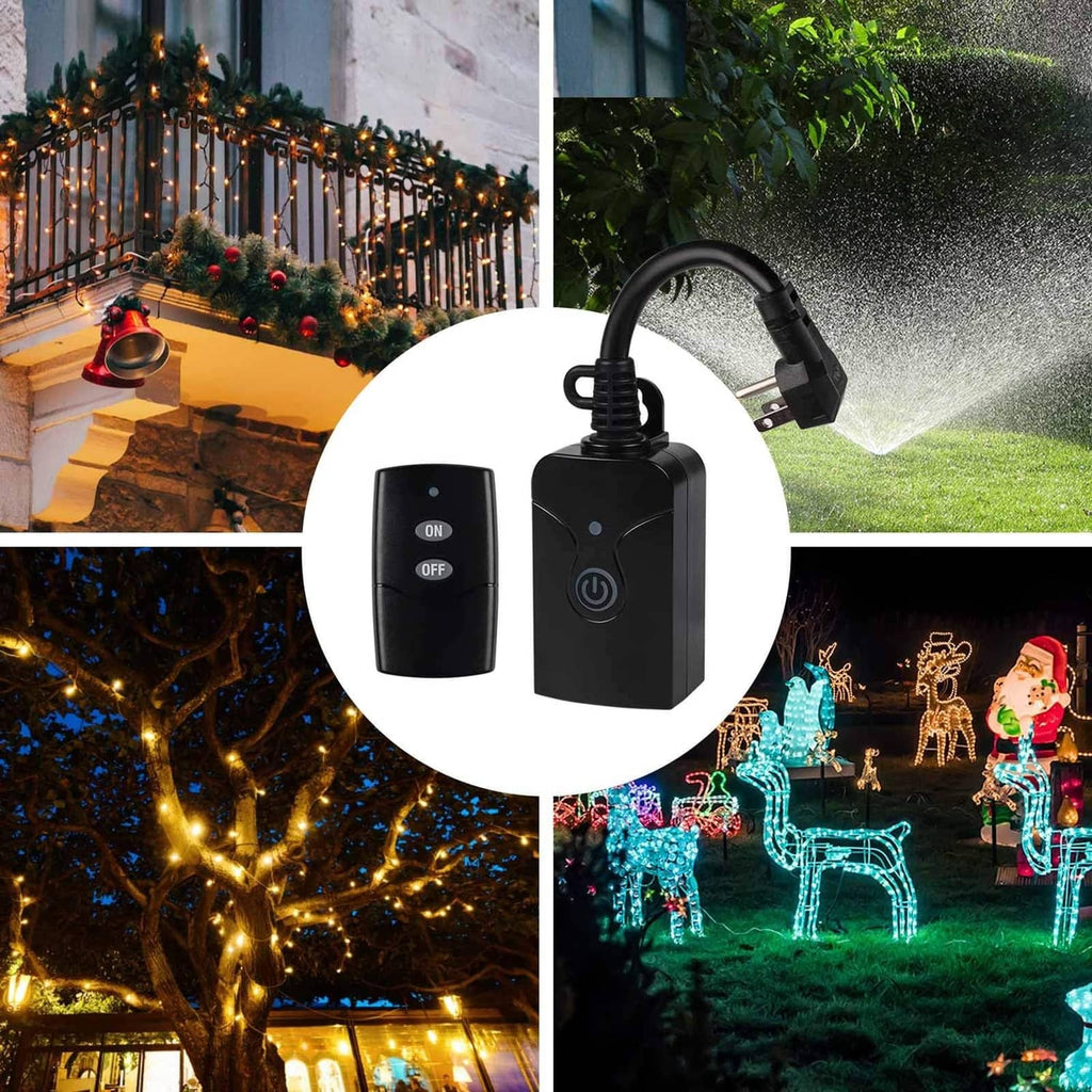 Black wireless outlet switch with remote control, shown with water spray