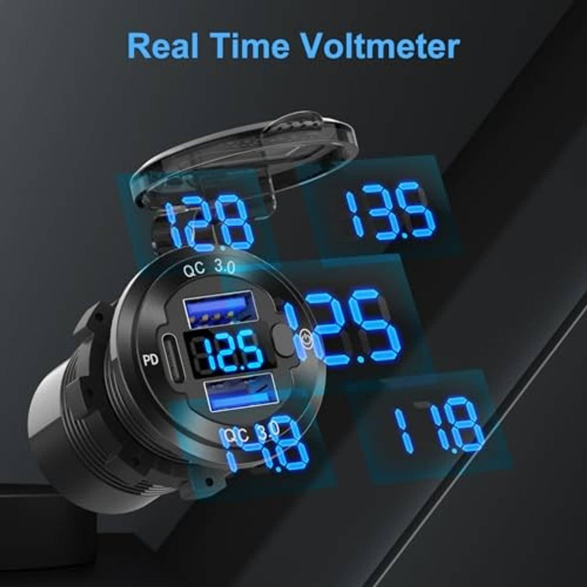 Black USB charger panel with digital voltmeter readouts and glowing blue QC/PD icons