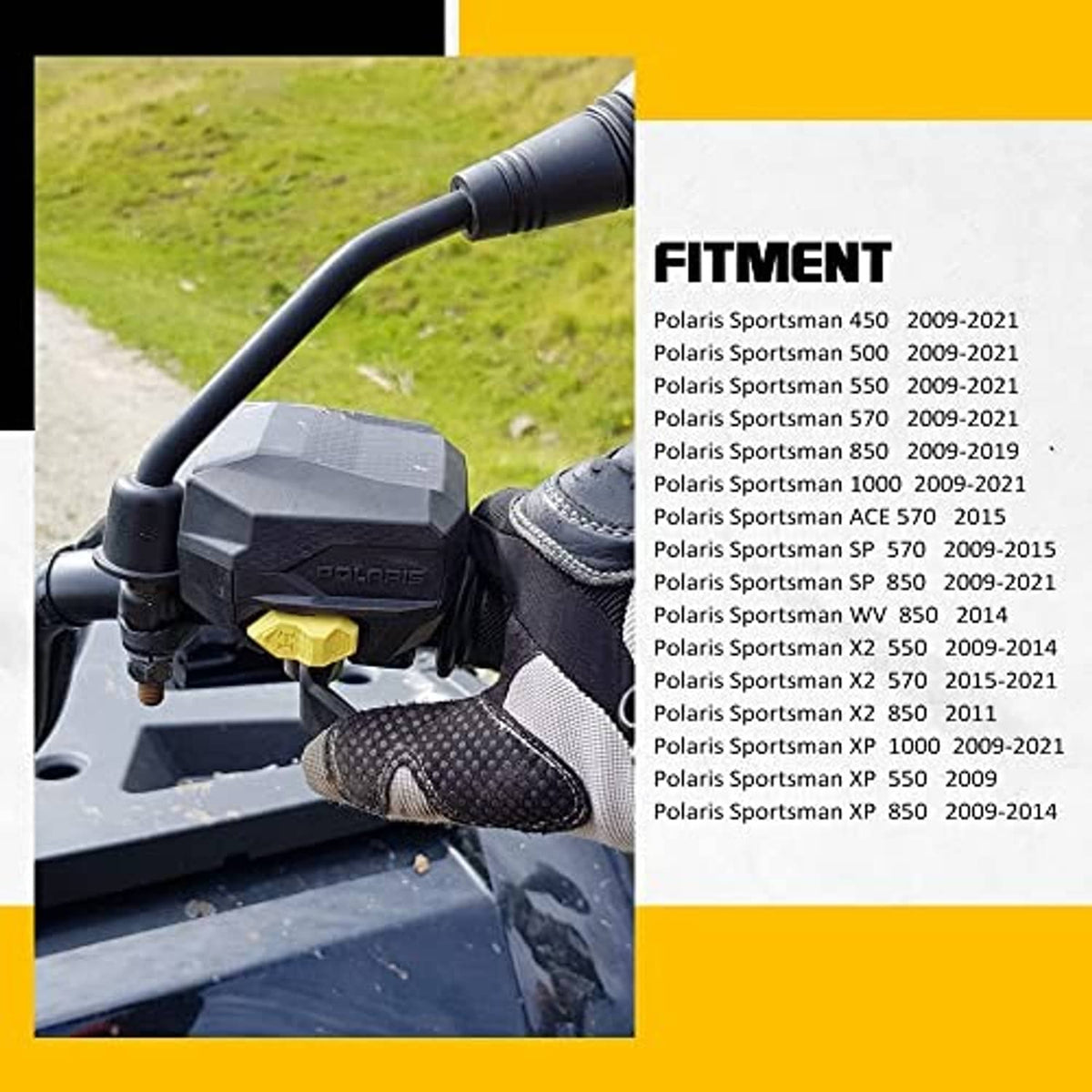 Black thumb throttle lever on ATV handle area with gold accent mount