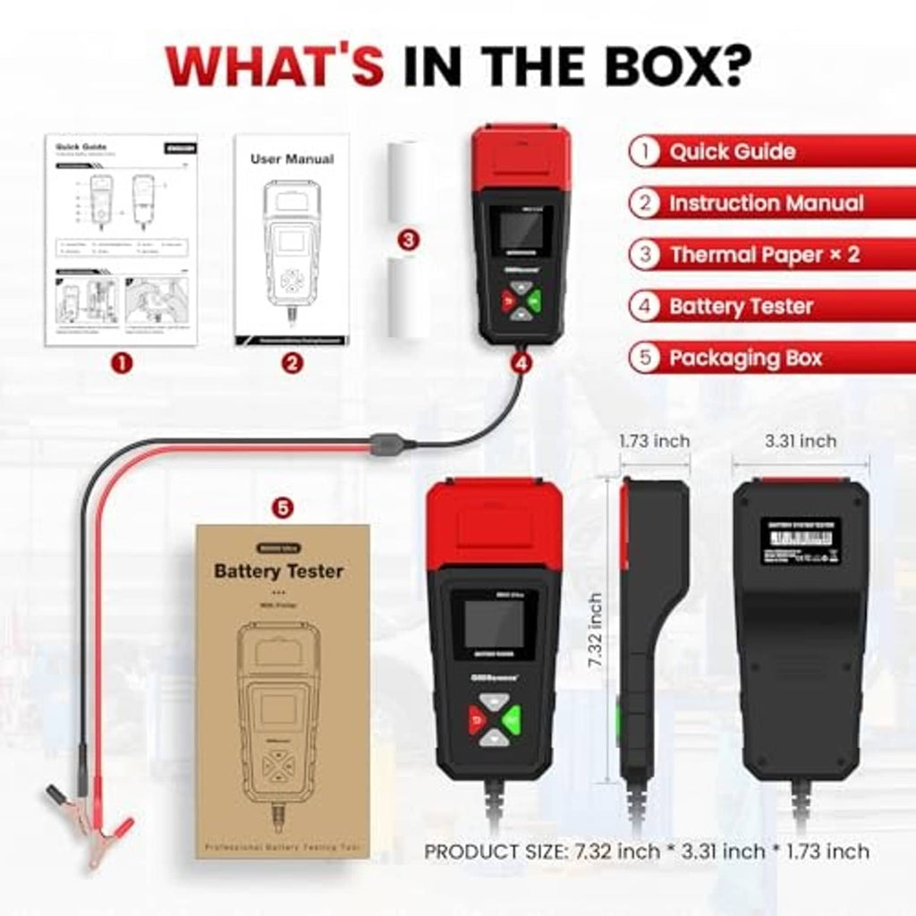 Car battery tester kit diagram with handheld tester and thermal paper rolls