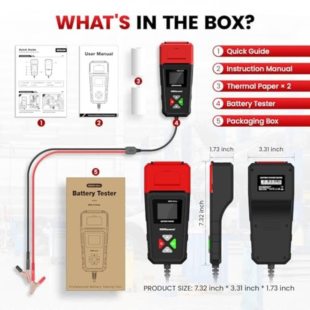 Car battery tester kit diagram with handheld tester and thermal paper rolls