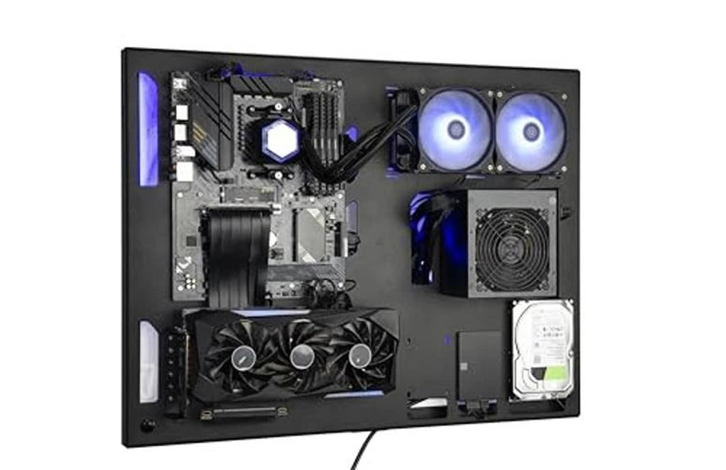 Wall-mounted gaming PC case, black interior with RGB fan set and installed components