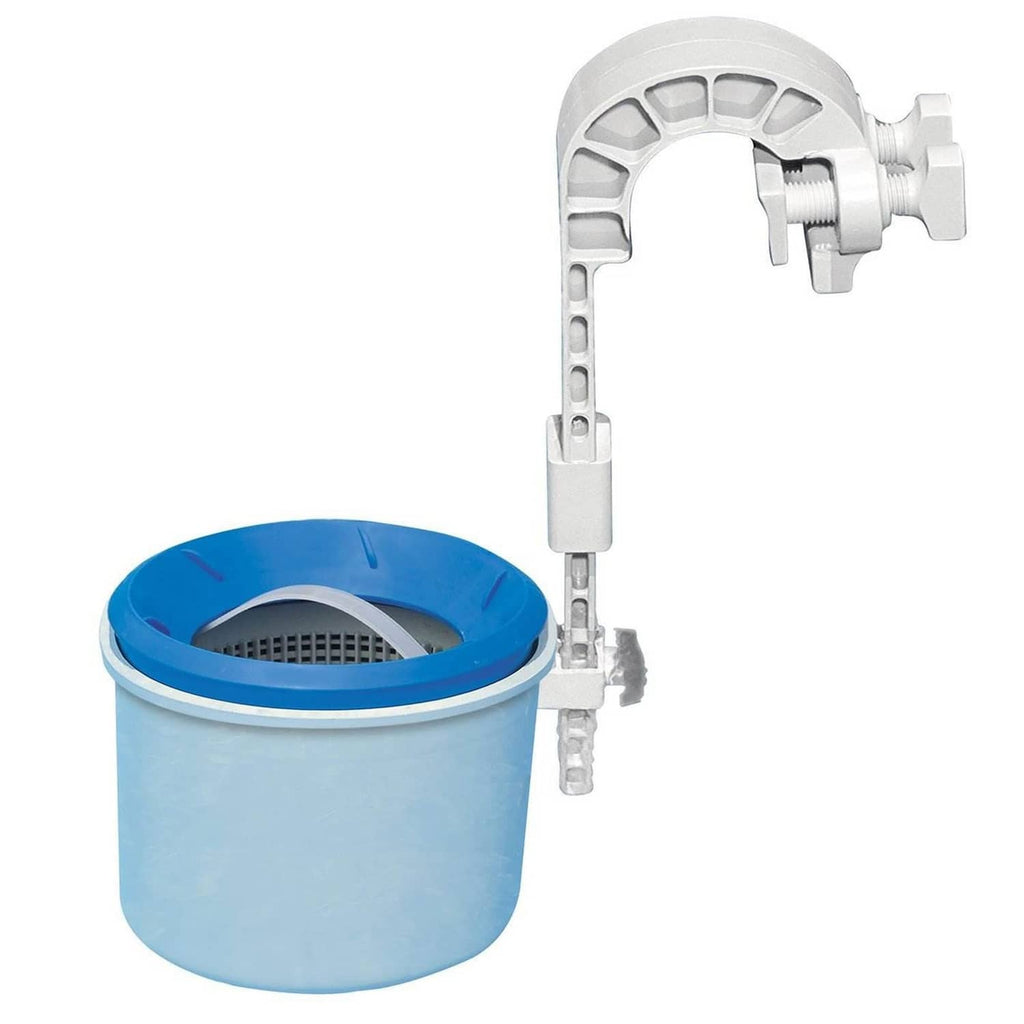 Wall-mounted pool surface skimmer with blue filter basket and white mounting arm