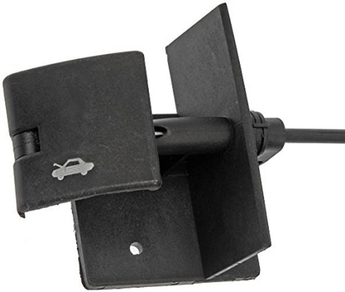 Black hood release cable latch bracket with key icon cover and mounting tabs
