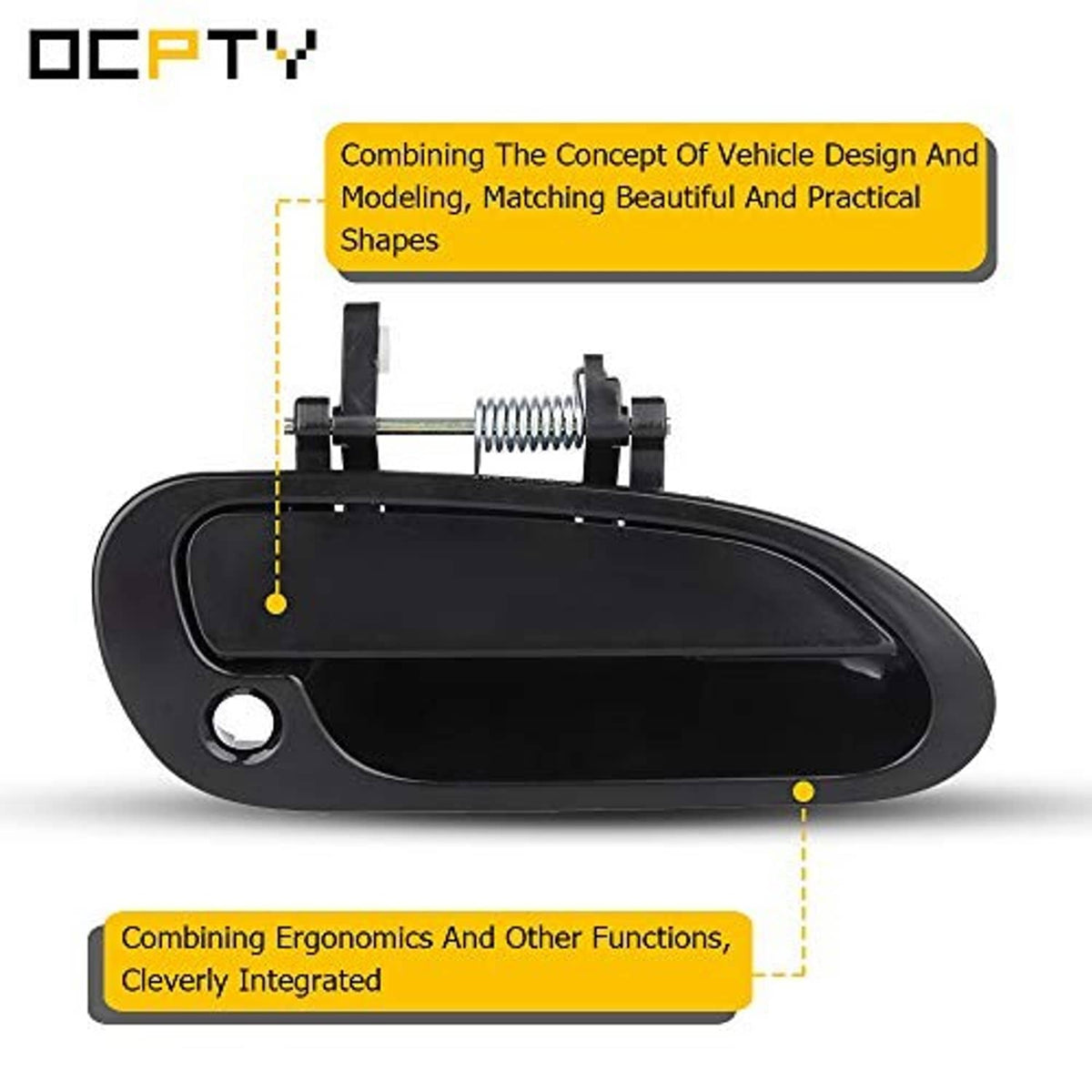 Black exterior door handle with spring mount and round key hole, side profile