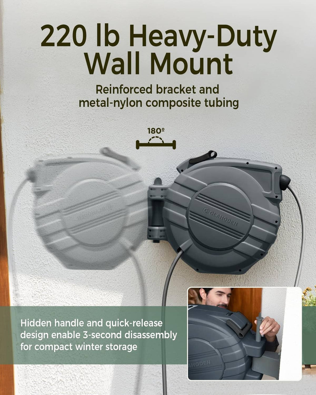 Dark gray heavy-duty wall-mounted hose reel with hidden handle and quick-release