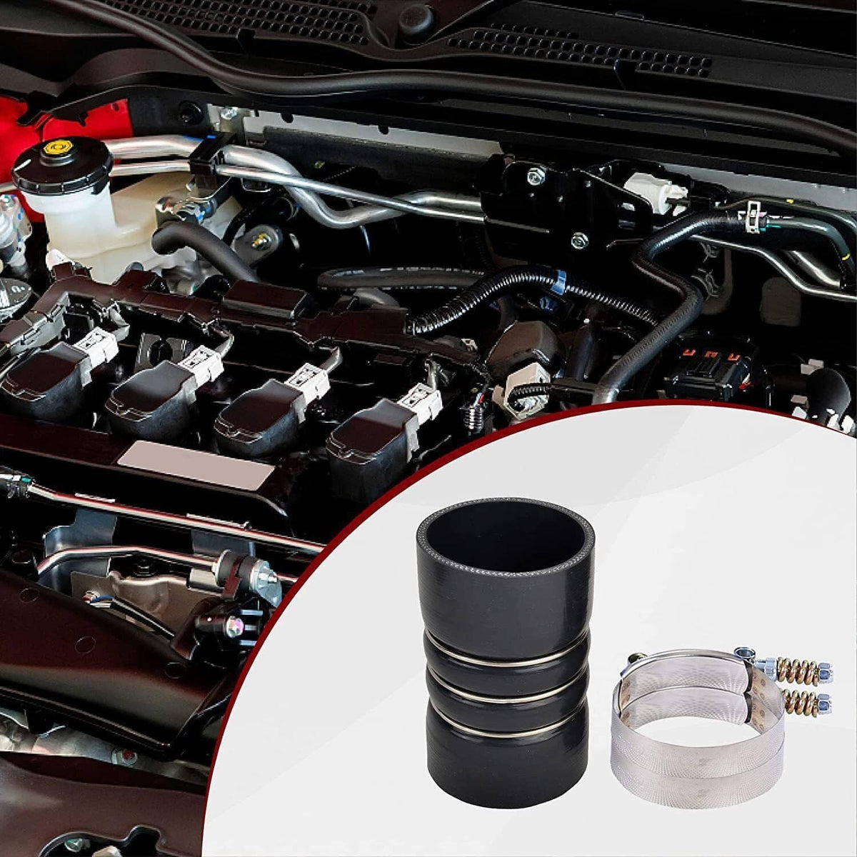 Black intercooler hose couplers with stainless steel clamp rings and hardware