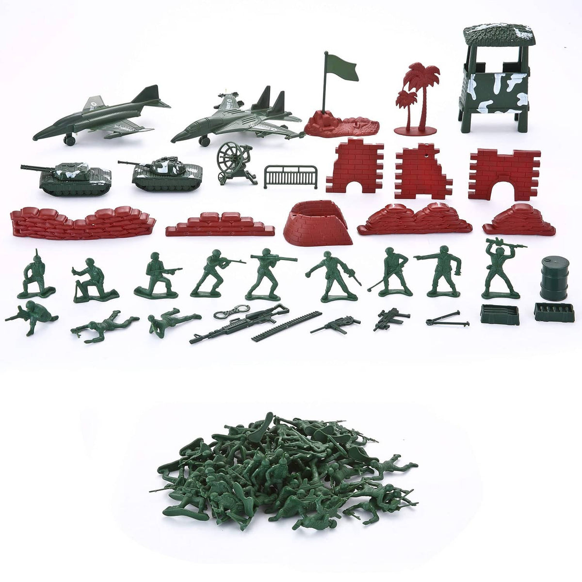 Army playset assortment featuring green soldiers, red blocks, and vehicle parts