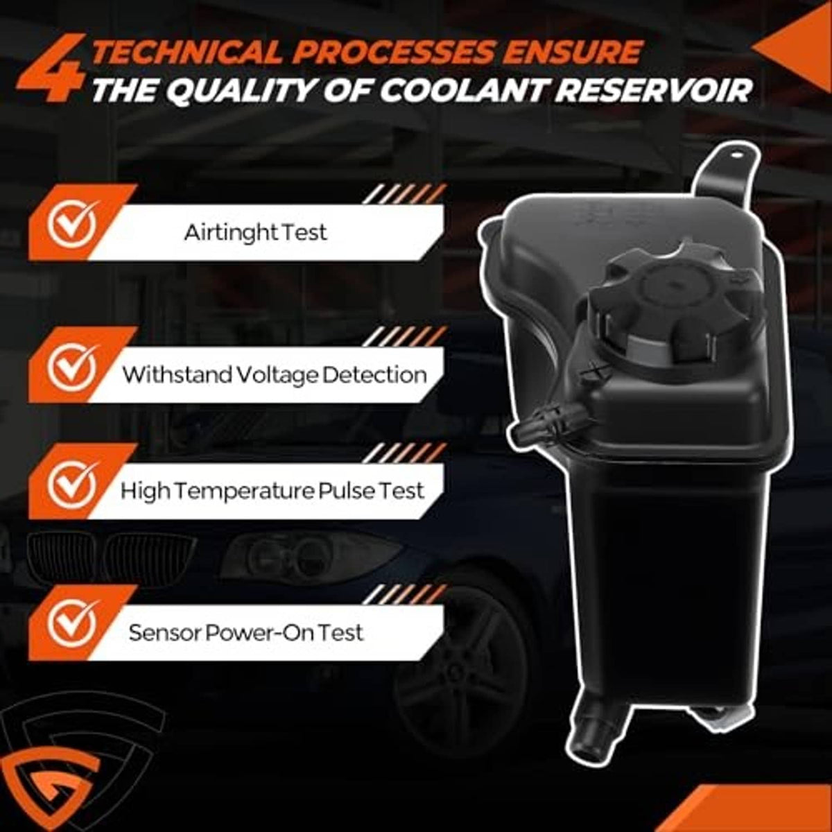 Coolant reservoir tank shown with quality-check icons and sensor cap