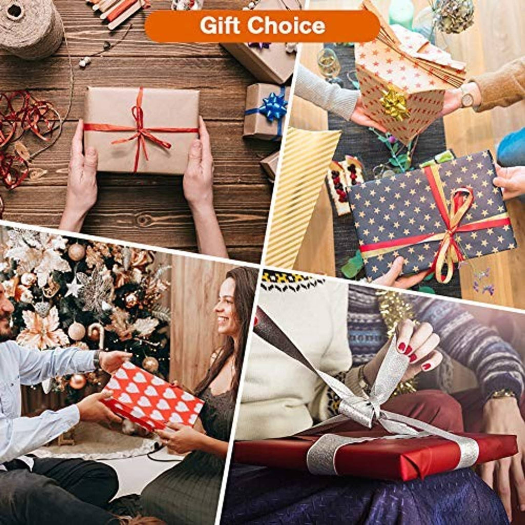 Gift choice collage with wrapped presents, ribbons, and bows