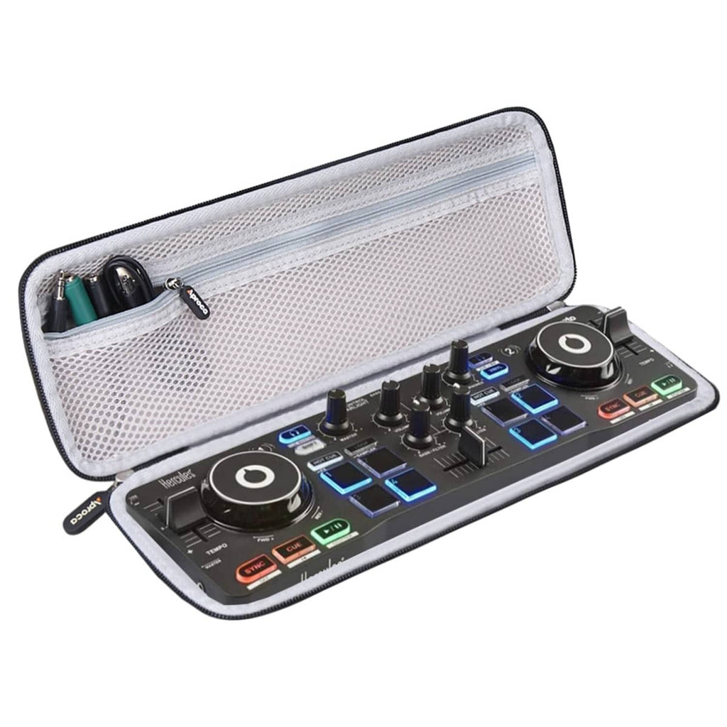 Hard DJ travel case with zip-open lid and mesh pocket; controller fits inside
