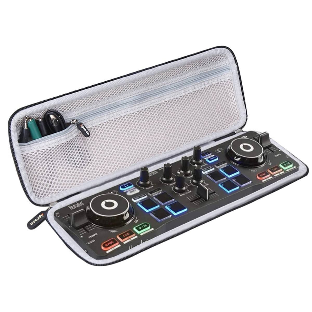 Hard DJ travel case with zip-open lid and mesh pocket; controller fits inside
