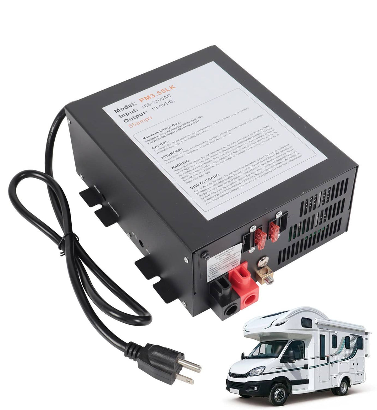 RV power converter/charger box with power cord and 12V DC output terminals