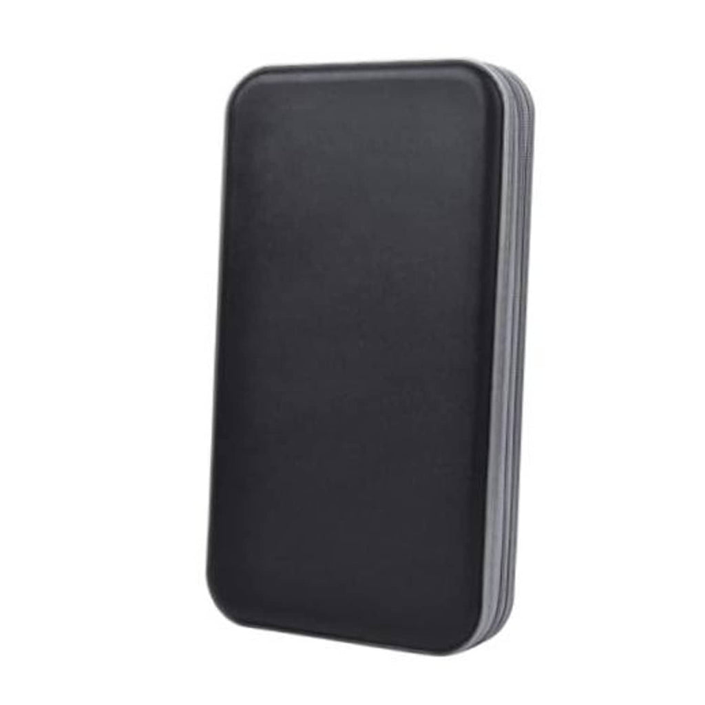 Black CD/DVD storage wallet with smooth rounded shell and edge stitching