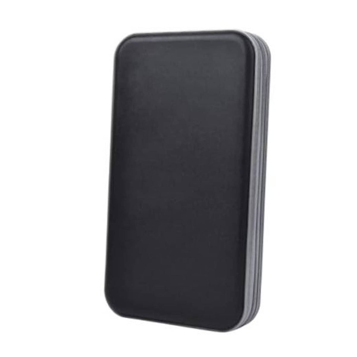 Black CD/DVD storage wallet with smooth rounded shell and edge stitching