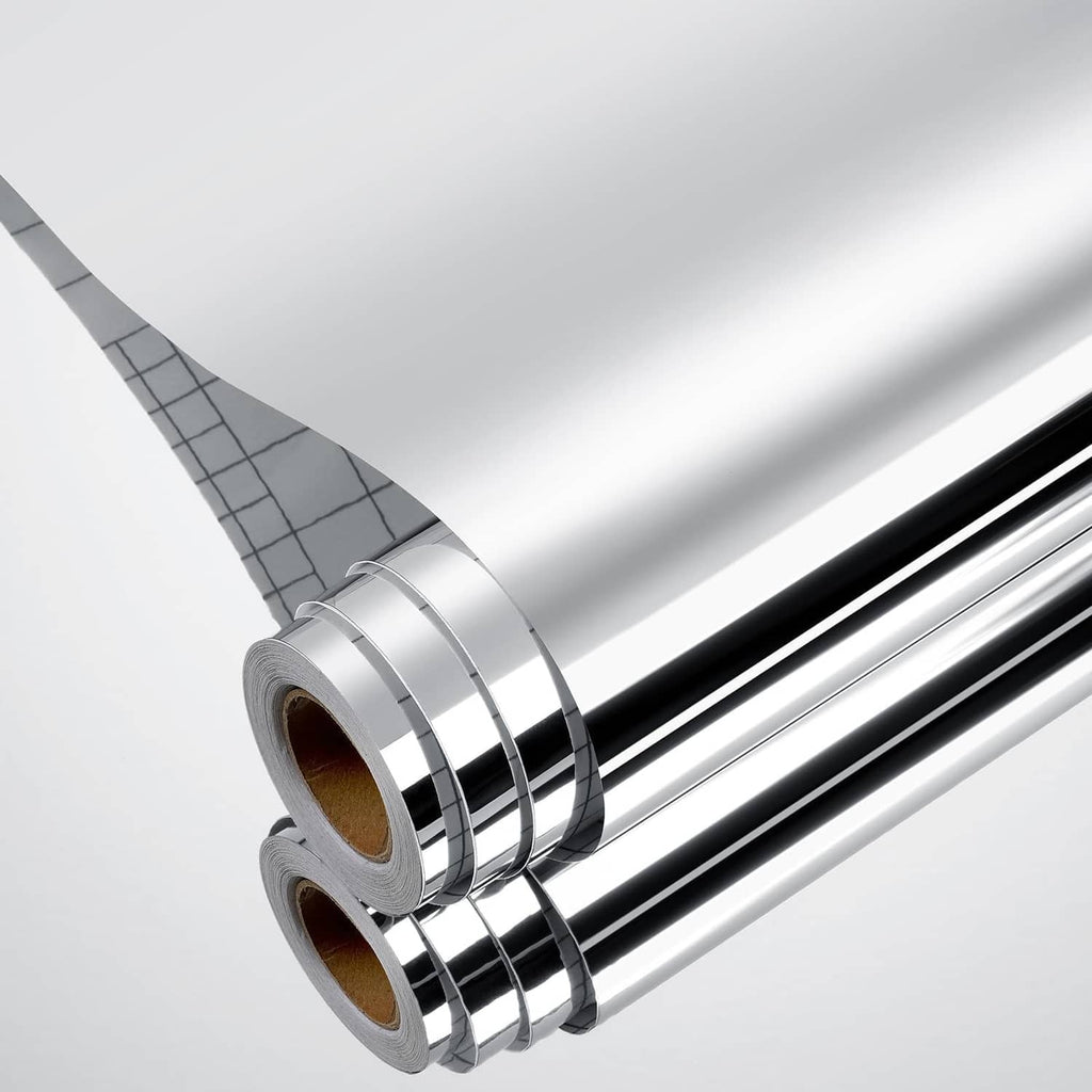 Silver reflective mirror sticker film roll with protective backing, flexible sheet