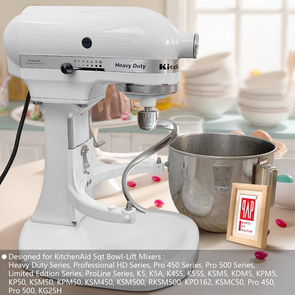 Stainless spiral dough hook attachment on bowl-lift stand mixer, QAP