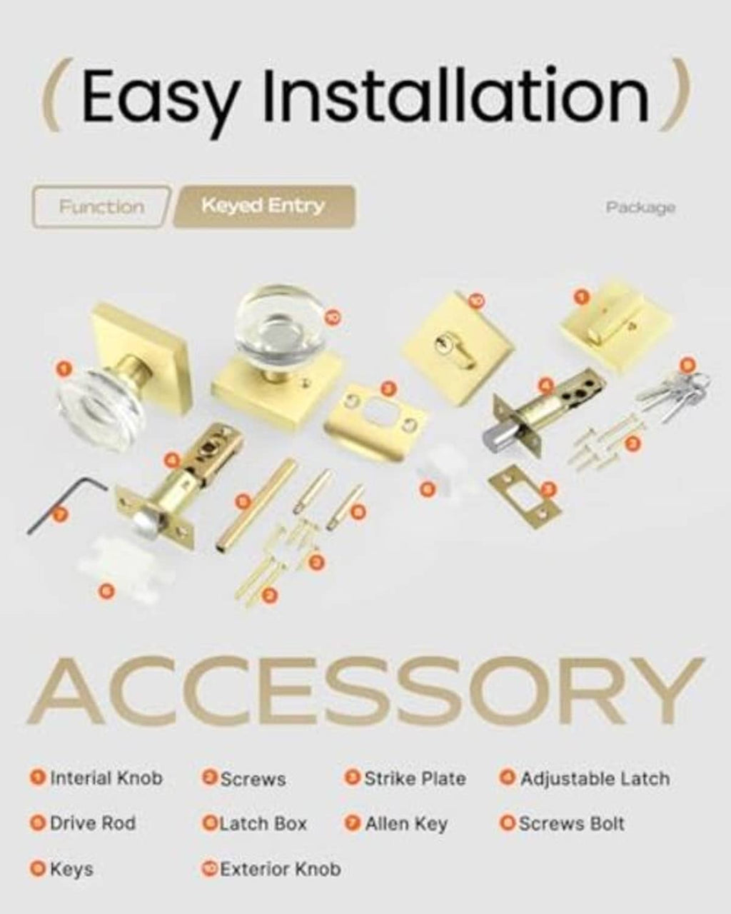 Deadbolt lock set accessory parts kit with knobs, strike plate, screws, and rods