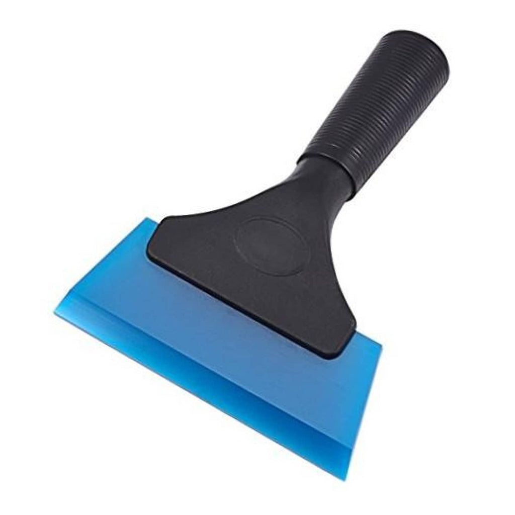 Blue rubber squeegee tool with black ribbed handle and wide blade