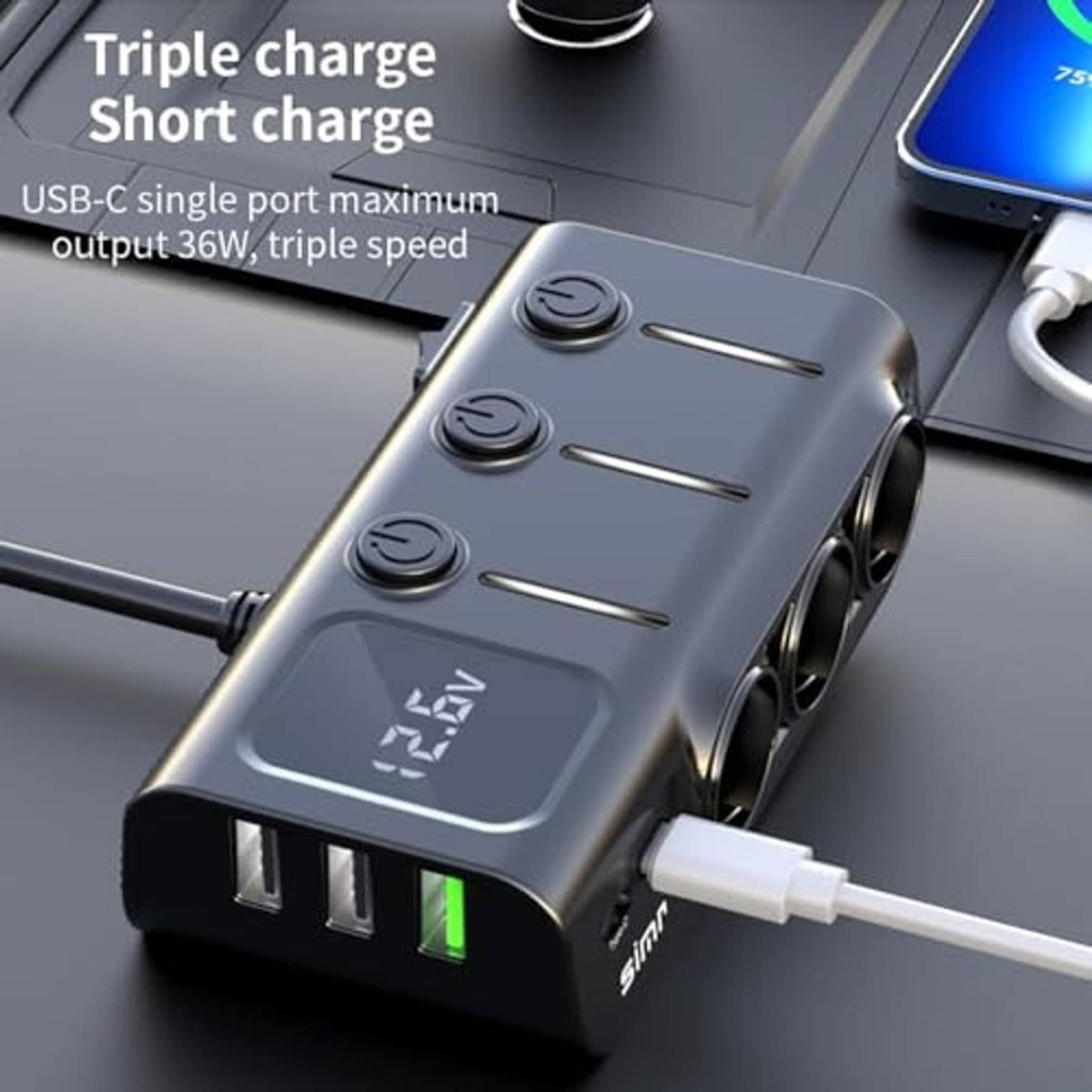 Black car charger splitter close-up with LED indicators and multiple USB ports