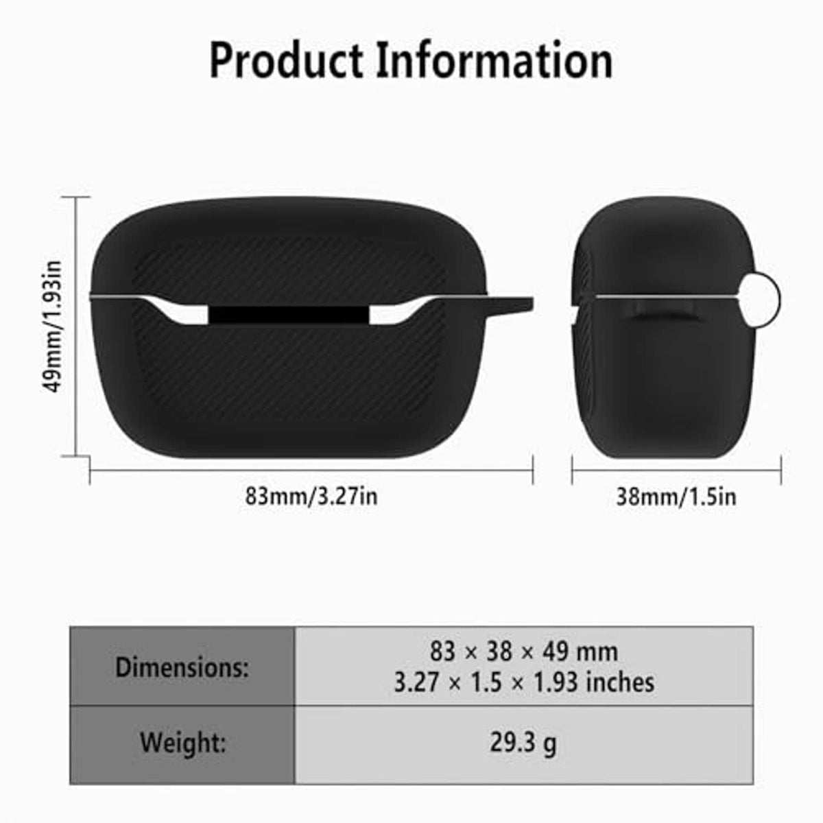 Black silicone earbuds case cover with front cutout and protective lip