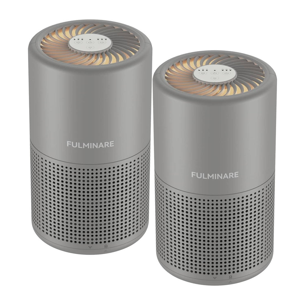 Gray FULMINARE cylindrical air purifier, two-pack with top fan and front grille vents