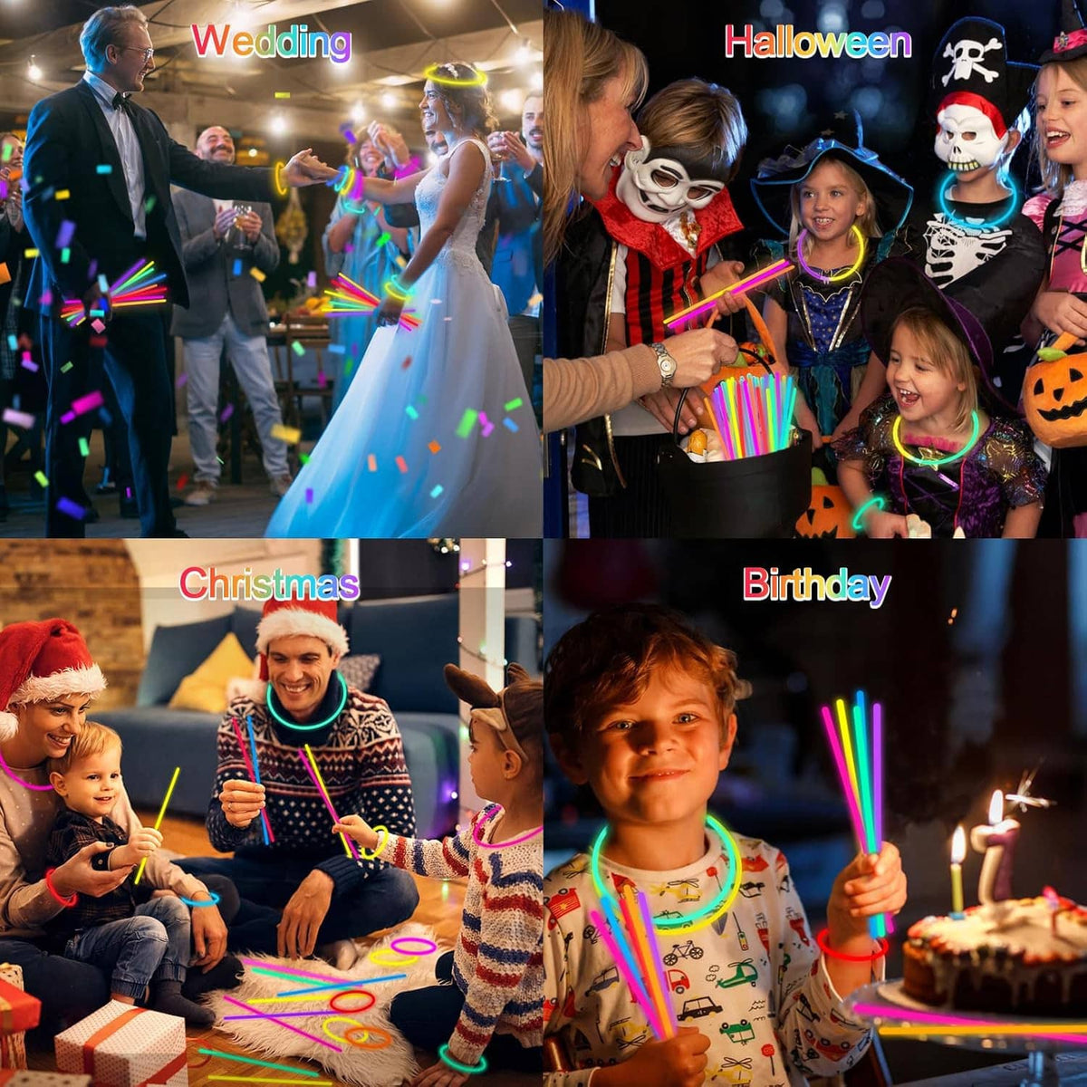 Glowing party glow sticks in kids' hands, multicolor light tubes