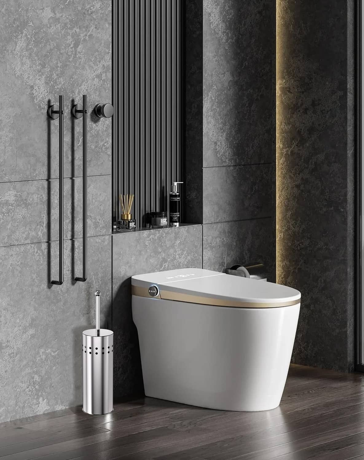 Chrome toilet plunger and holder set with perforated canister near white toilet