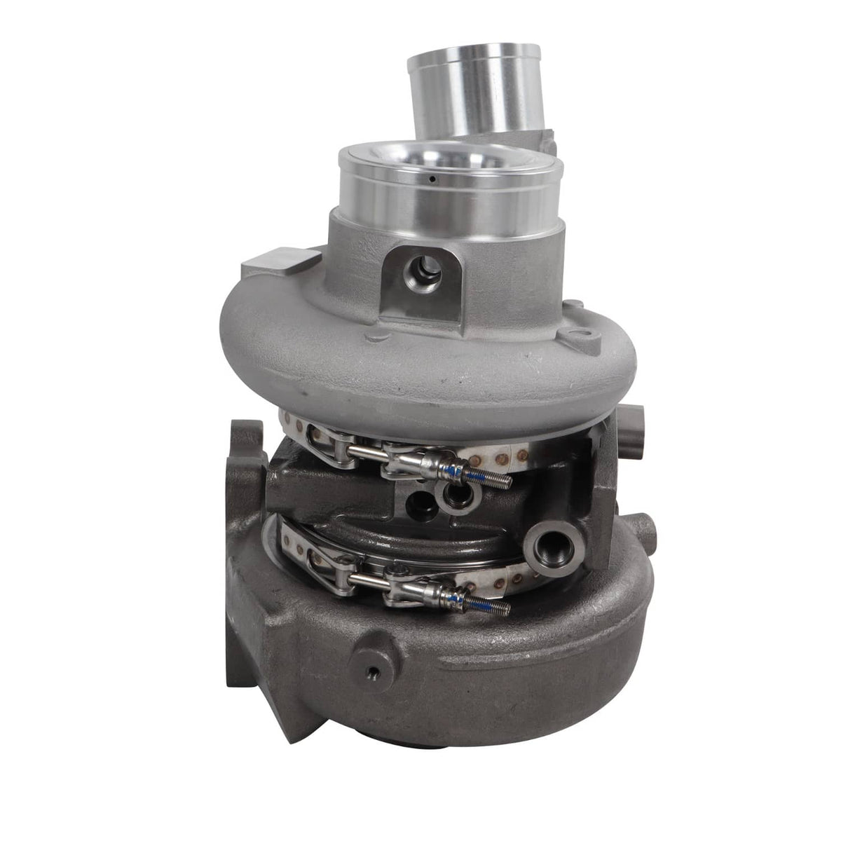 Diesel turbocharger assembly with actuator linkage and multiple mounting fasteners